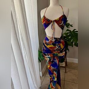 NWT Vacation Party Dance Colorful Halter Maxi Dress